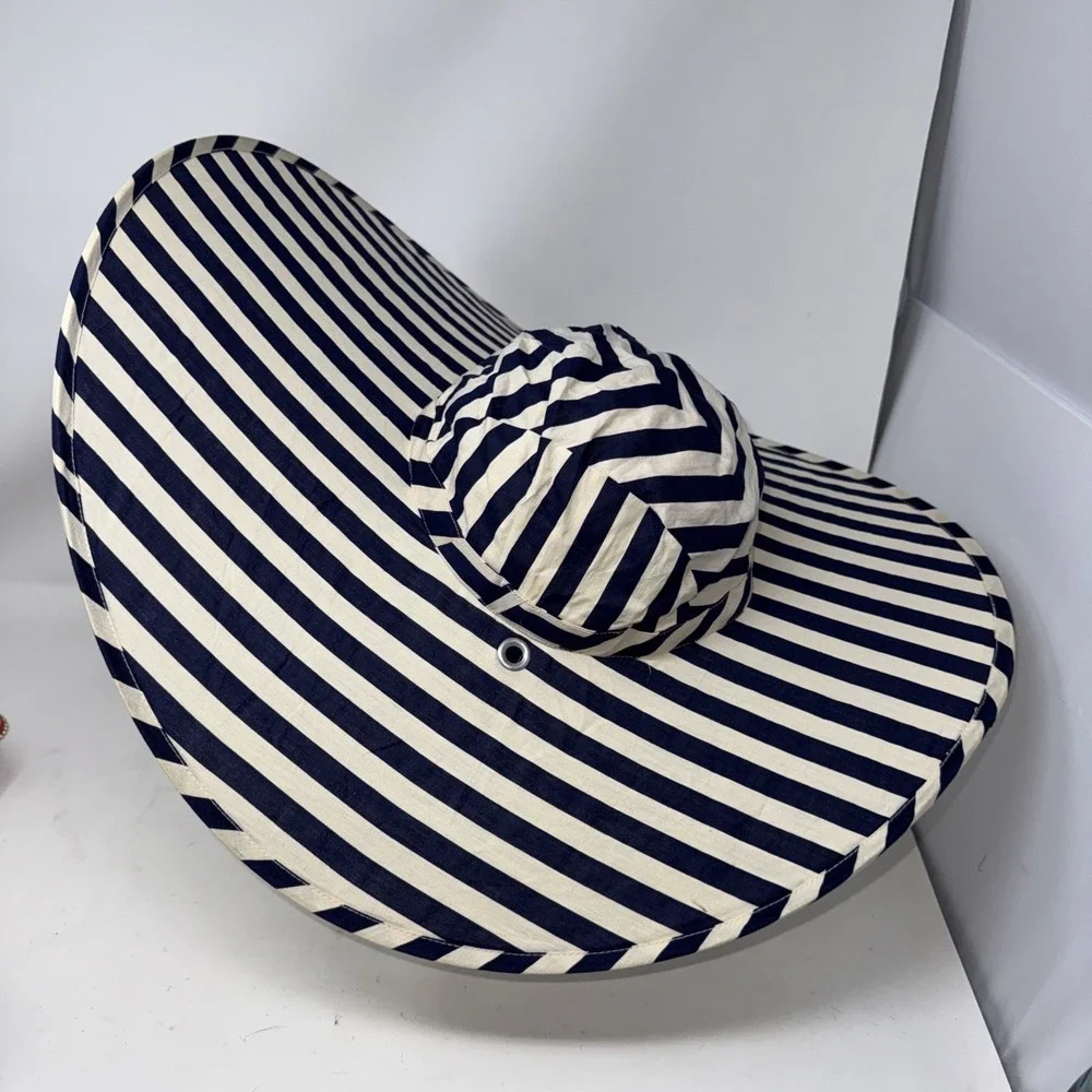 Vintage Wonderful Hat Women's Blue White Wide Brim Sun Beach Fold Up Pouch Read